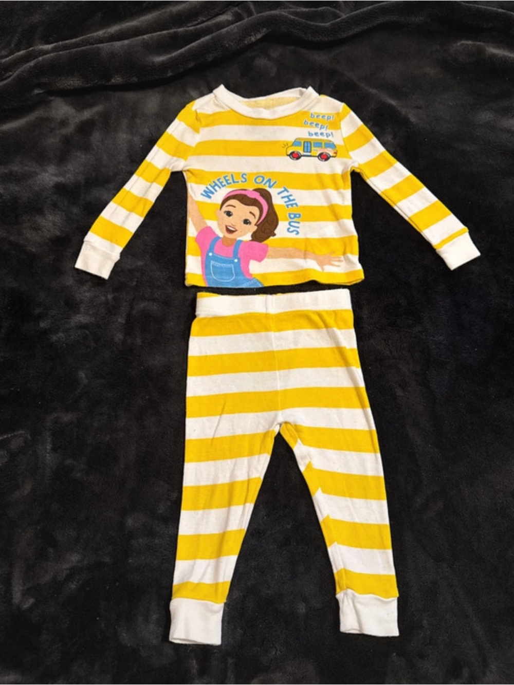 Girls' Ms Rachel Yellow and White Striped 'Wheels on the Bus' Pajama Set
